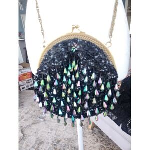 Vintage Golden Crown Black Beaded & Iridescent Sequin Evening Clutch